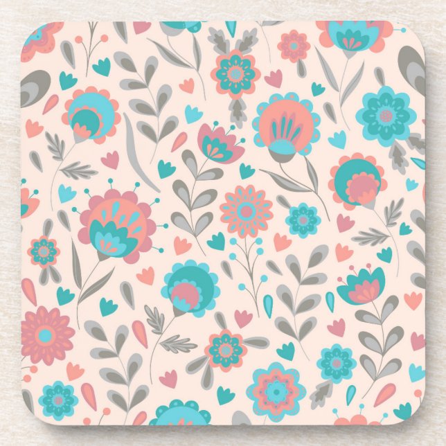 Teal & Coral Folk Art Floral Pattern Coaster (Front)