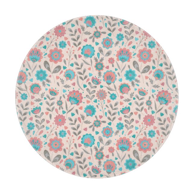 Teal & Coral Folk Art Floral Pattern Cutting Board (Front)