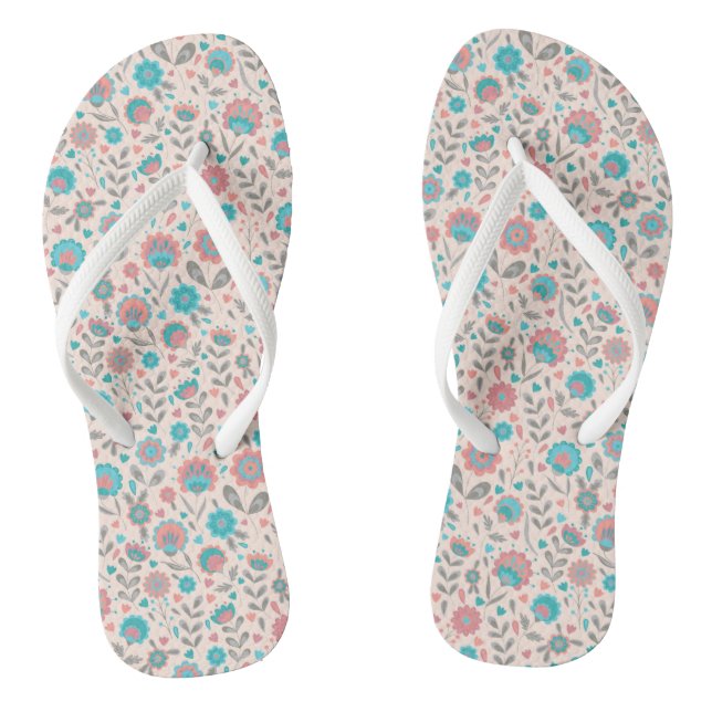 Teal & Coral Folk Art Floral Pattern Flip Flops (Footbed)
