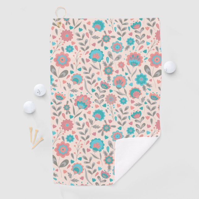 Teal & Coral Folk Art Floral Pattern Golf Towel (InSitu)