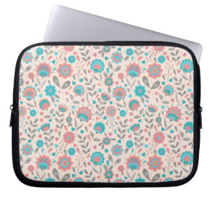 Teal & Coral Folk Art Floral Pattern Laptop Sleeve