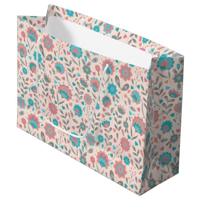 Teal & Coral Folk Art Floral Pattern Large Gift Bag (Front Angled)