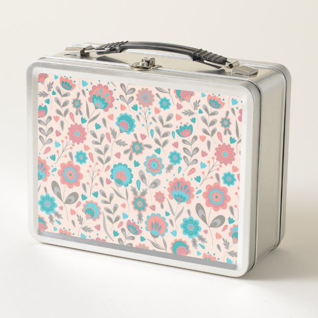 Teal & Coral Folk Art Floral Pattern Metal Lunch Box (Front)