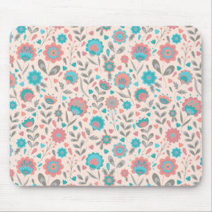 Teal & Coral Folk Art Floral Pattern Mouse Pad