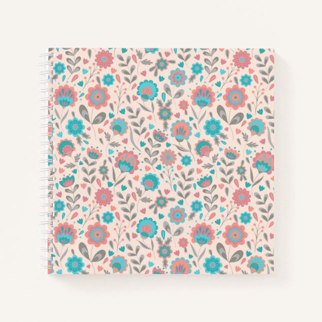 Teal & Coral Folk Art Floral Pattern Notebook (Front)