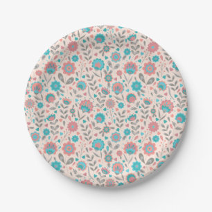 Teal & Coral Folk Art Floral Pattern Paper Plate