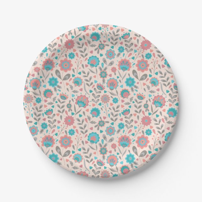 Teal & Coral Folk Art Floral Pattern Paper Plate (Front)