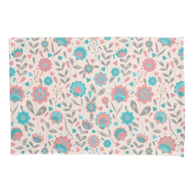Teal & Coral Folk Art Floral Pattern Pillowcase (Front-Left)