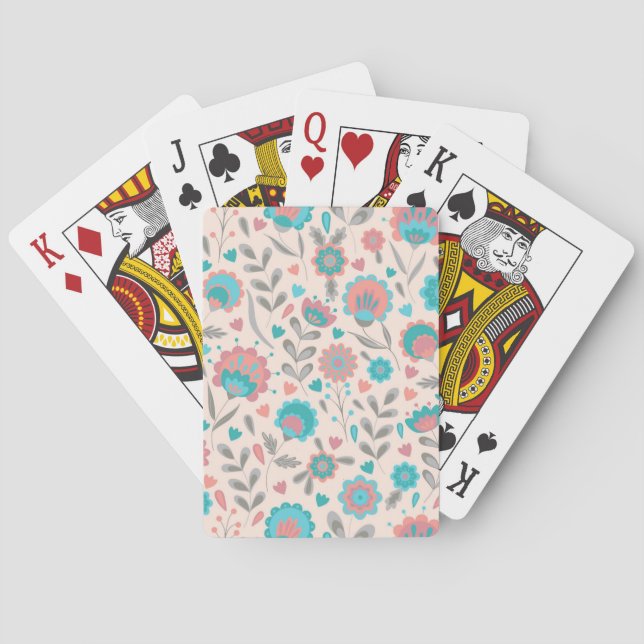 Teal & Coral Folk Art Floral Pattern Playing Cards (Back)