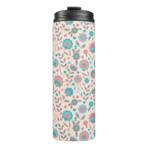 Teal & Coral Folk Art Floral Pattern Thermal Tumbler