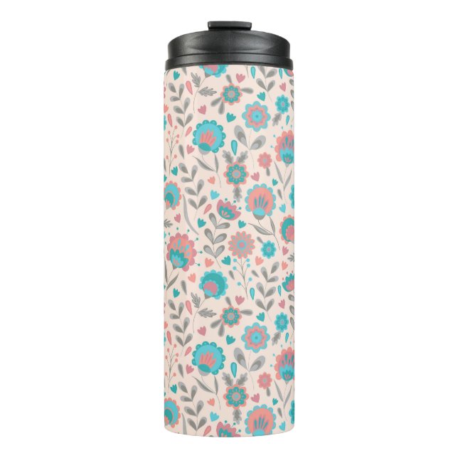 Teal & Coral Folk Art Floral Pattern Thermal Tumbler (Front)