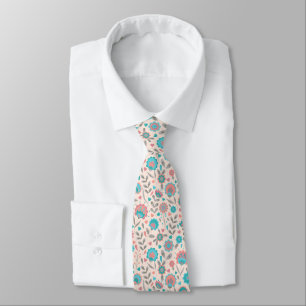 Teal & Coral Folk Art Floral Pattern Tie
