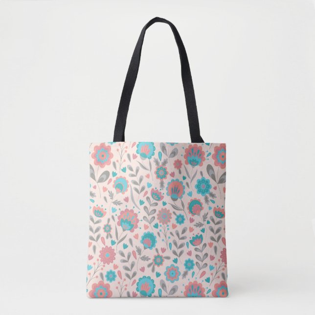 Teal & Coral Folk Art Floral Pattern Tote Bag (Front)