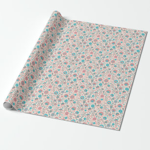 Teal & Coral Folk Art Floral Pattern Wrapping Paper