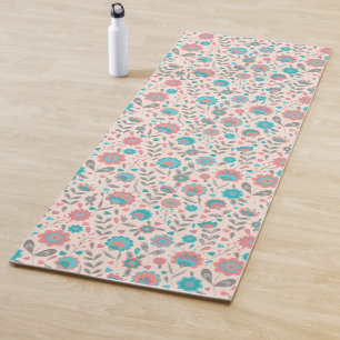 Teal & Coral Folk Art Floral Pattern Yoga Mat