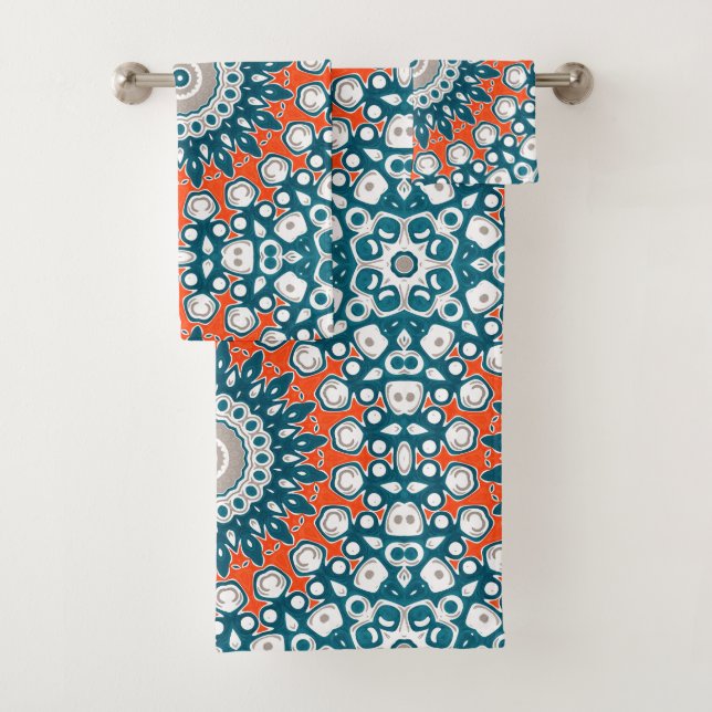 Teal Coral Mandala Bath Pattern Towel Set (Insitu)