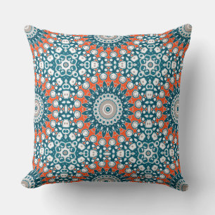 Teal Coral Mandala Decorative Pattern Throw Pillow