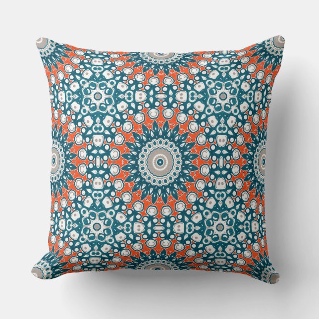 Teal Coral Mandala Decorative Pattern Throw Pillow (Front)