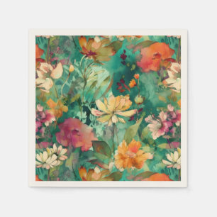 Teal, Coral & Mauve Modern Art Floral Napkin