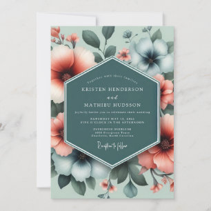 Teal Coral Opulent Bloom Wedding Invitation