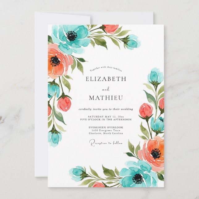 Teal Coral Painterly Floral Wedding Invitation (Front)