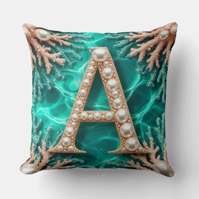 🌊Teal Coral Pearl Monogram Letter A Gift 🌊 Throw Pillow (Front)