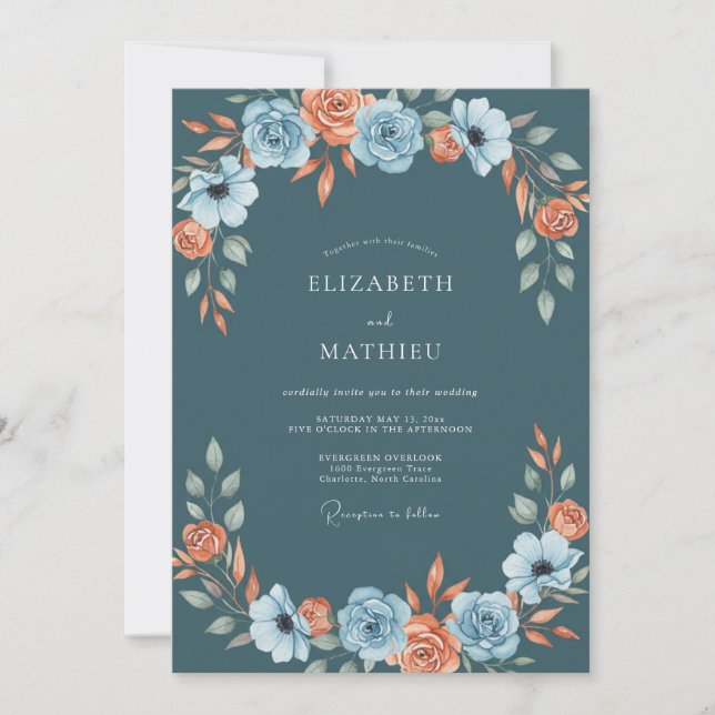 Teal Coral Ranunculus Eucalyptus Wedding Invitation (Front)