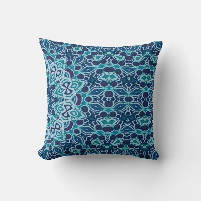 teal coral reef kaleidoscope batik throw pillow (Front)