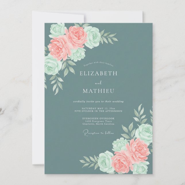 Teal Coral Rose Botanical Wedding Invitation (Front)