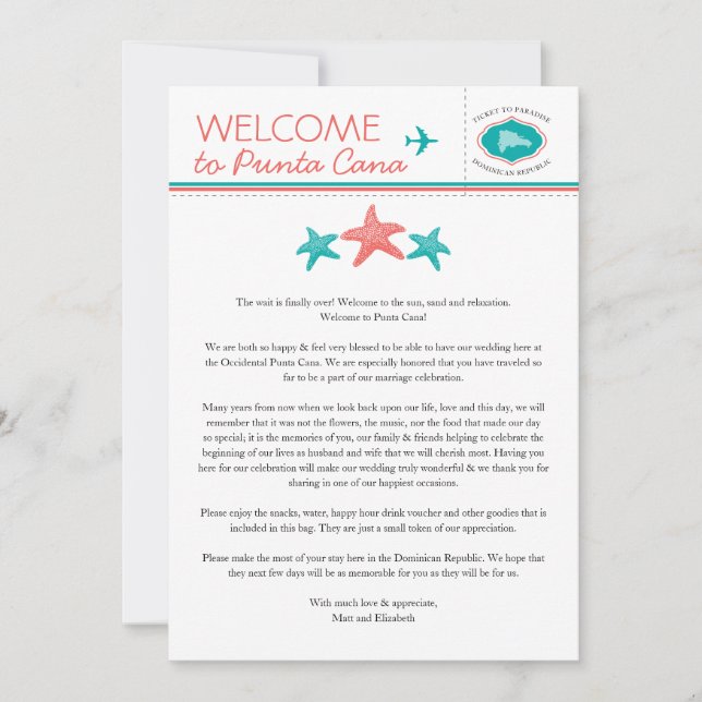 Teal Coral Starfish Dominican Republic Welcome Invitation (Front)