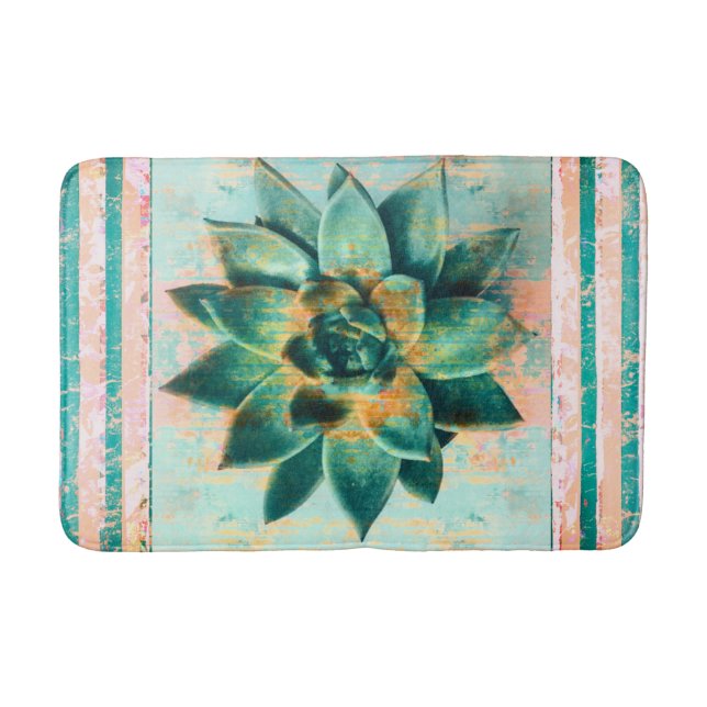 Teal Coral Striped Succulent Bath Mat (Front)