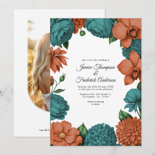 Teal & Coral Watercolor Floral Wedding Invitation