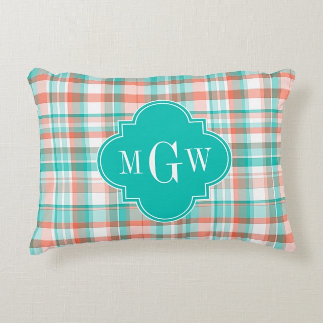Teal Coral White Preppy Madras Monogram Decorative Pillow (Front)