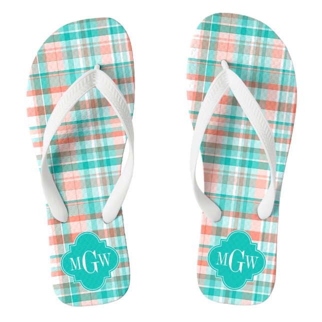 Teal Coral White Preppy Madras Monogram Flip Flops (Footbed)