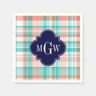 Teal Coral White Preppy Madras Monogram Napkin