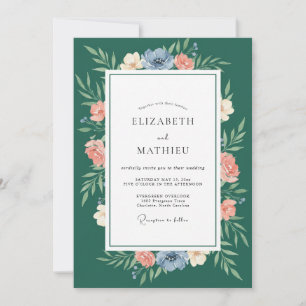 Teal Coral Wreath Wedding Invitation