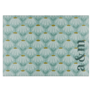 Teal Couple Initials Monogram Daisies Floral Cutting Board