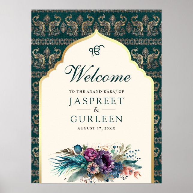 Teal Cream Anand Karaj Wedding Welcome Sign (Front)
