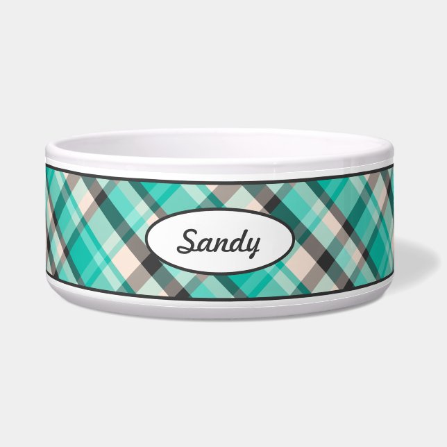 Teal, Cream And Dark Grey Plaid Pattern With Name (Front)