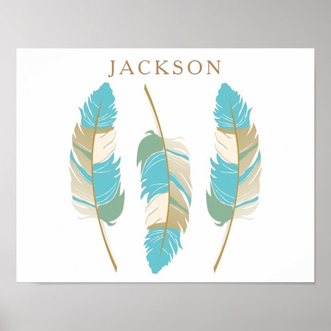 Teal, Cream and Green Feathers with DIY Name Poster (Front)