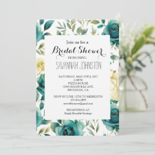 Teal Cream Rose Floral Bridal Shower Invitation