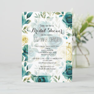 Teal Cream Rose Floral Bridal Shower Invitation