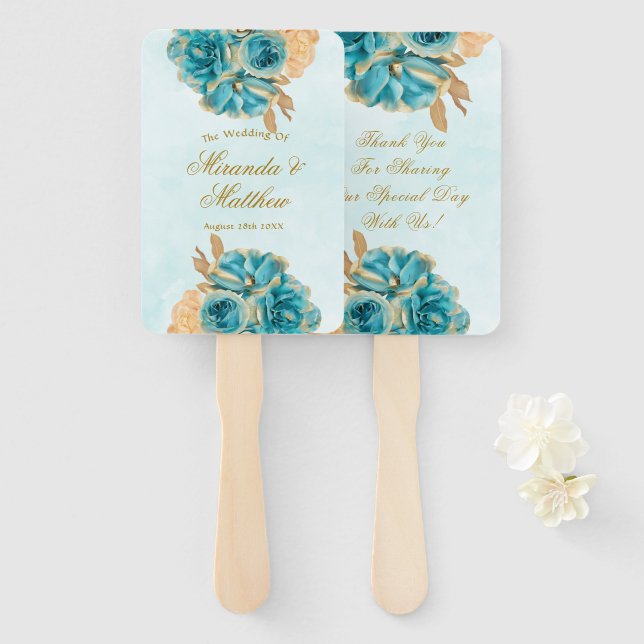 Teal Creamy Gold Florals Wedding Thank You  Hand Fan (Front and Back)