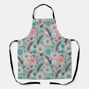 Teal & Crimson Dandelion Dream – Stylized Floral Apron