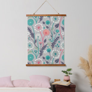 Teal & Crimson Dandelion Dream – Stylized Floral Hanging Tapestry