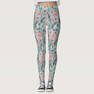 Teal & Crimson Dandelion Dream – Stylized Floral Leggings
