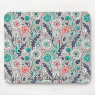 Teal & Crimson Dandelion Dream – Stylized Floral Mouse Pad
