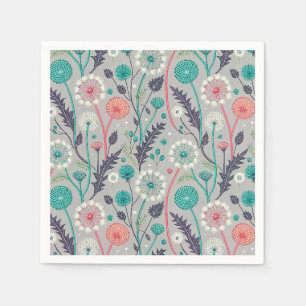 Teal & Crimson Dandelion Dream – Stylized Floral Napkin