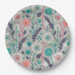 Teal & Crimson Dandelion Dream – Stylized Floral Paper Plate