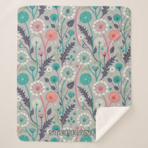 Teal & Crimson Dandelion Dream – Stylized Floral Sherpa Blanket